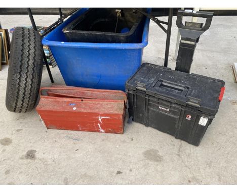 AN ASSORTMENT OF ITEMS TO INCLUDE TWO TOOL BOXES, A WHEEL AND TYRE AND A PLASTIC PLANTER ETC 