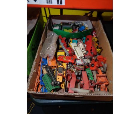 A LARGE BOX OF VINTAGE PLAYWORN DIECAST VEHICLES 