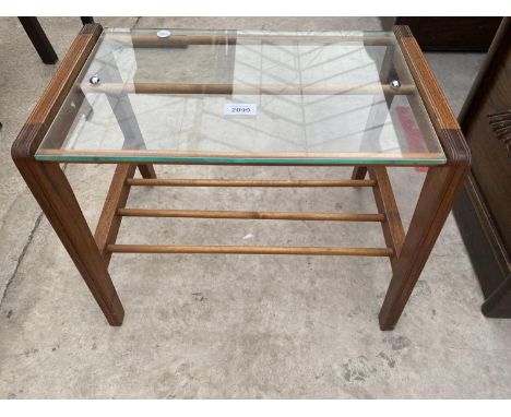 A RETRO TEAK SMALL COFFEE TABLE WITH GLASS TOP AND MAGAZINE SHELF, 18.5 X 12" 