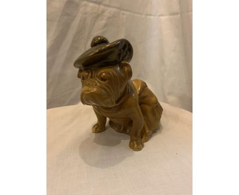 A ROYAL DOULTON TITANIAN MODEL OF A BULLDOG, CIRCA 1930.A MOTTLED GREEN AND BROWN GLAZED BULLDOG WEARING A TAM O SHANTER AND 