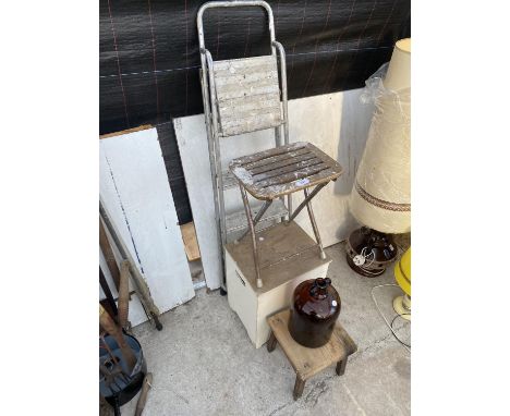 AN ASSORTMENT OF ITEMS TO INCLUDE A SMALL FOLDING STOOL, A THREE RUNG ALLUMINIUM STEP LADDER AND A DEMI JOHN ETC 