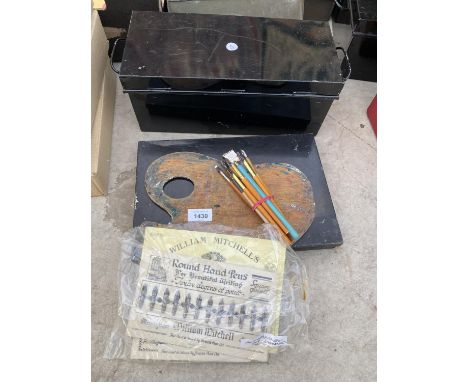 AN ASSORTMENT OF ITEMS TO INCLUDE METAL DEED TIN, ARTISTS TOOLS ETC 