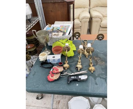 AN ASSORTMENT OF ITEMS TO INCLUDE A TROPHY, LARGE CRIMPING SCISSORS AND WALL MOUNTED LIGHT FITTINGS ETC 