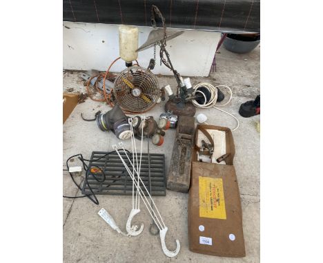 AN ASSORTMENT OF TOOLS TO INCLUDE A WOOD PLANE, LIGHT FITTING AND FAN ETC 