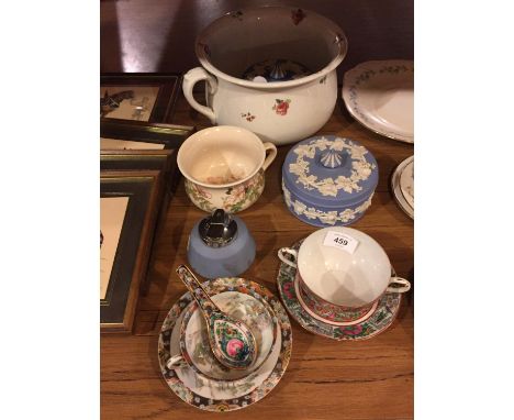 A POTTERY CHAMBER POT, ORIENTAL STYLE CUP AND SAUCERS, WEDWOOD TRINKET BOX AND LIGHTER 