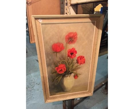 A FRAMED PAINTING OF POPPIES IN A VASE SIGNED K WILD 