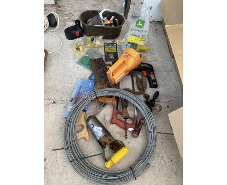 AN ASSORTMENT OF TOOLS TO INCLUDE SAWS, WIRE AND TORCH ETC 