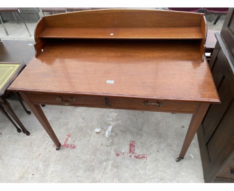 A 19TH CENTURY MAHOGANY SIDE TABLE WITH GALLERIED SHELF, TWO DRAWERS ON TAPERED LEGS, 42" WIDE 