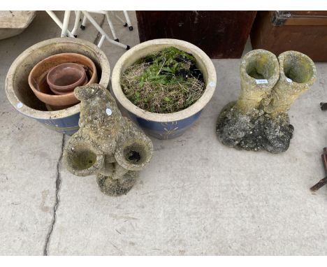 AN ASSORTMENT OF GARDEN ITEMS TO INCLUDE TWO RECONSTITUTED STONE PLANTER/ORNAMENTS AND TERRACOTTA PLANT POTS ETC 