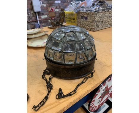A VINTAGE PEWTER AND GLASS LAMPSHADE WITH LEADED GLASS PIECES 