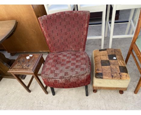 AN ORIENTAL HARDWOOD SMALL TABLE, BEDROOM CHAIR AND POUFFE 