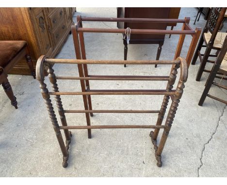 AN EDWARDIAN MAHOGANY AND INLAID FOUR BAR TOWEL RAIL AND BOBBIN TURNED FIVE BAR TOWEL RAIL 