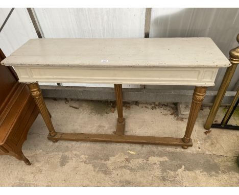 A CONTINENTAL CONSOLE TABLE WITH WHITE PAINTED TOP, ON GOLD COLOURED BASE 