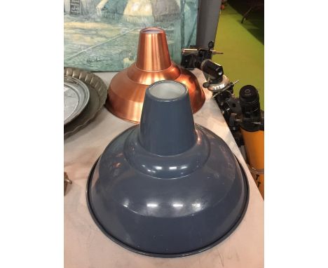 TWO INDUSTRIAL STYLE LAMP SHADES ONE BLUE AND ONE COPPER COLOUR 