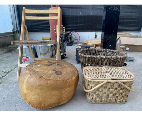 A FOLDING CHAIR AND TWO WICKER BASKETS AND POUFFE 