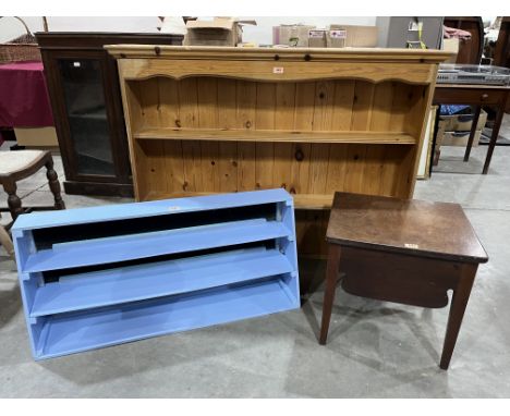 A pine plate rack, a painted rack and a mahogany workbox (formerly a commode) (3)&nbsp;