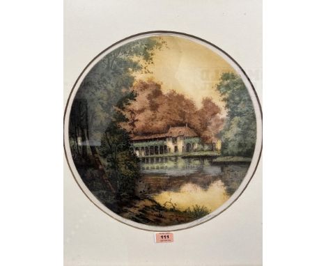 FRENCH SCHOOL. 20TH CENTURY  Country house by a lake. Indistinctly signed in pencil. Polychrome print on paper. 15' diam