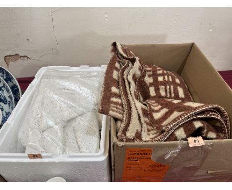 A box of textiles and a wool blanket