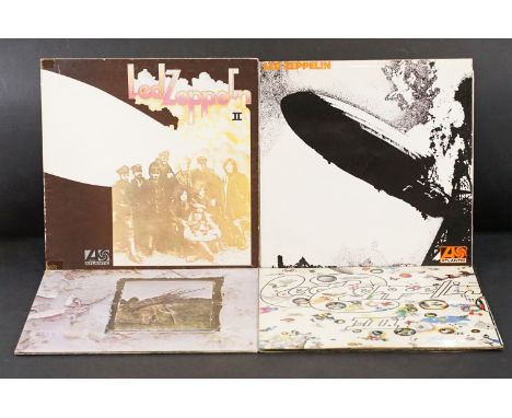 Vinyl - 4 UK pressing Led Zeppelin LPs all with plum Atlantic Records labels to include I (grey strip to bottom of sleeve) Vg