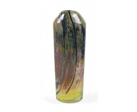 A tall studio art glass vase by Sam Herman (1936-2020), the surface decorated with metallic oxide iridescent finish, etched s