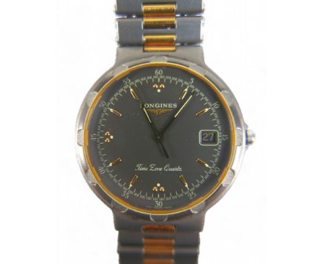 A Longines Conquest Time Zone Quartz Titanium bracelet wristwatch, 31mm case, grey dial, case number 21500822, with box and p
