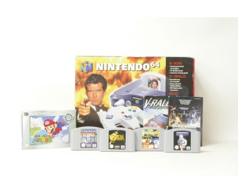 A Nintendo 64 'Golden Eye' edition games console, including 'Golden Eye' cartridge, one controller, together with 'Super Mari