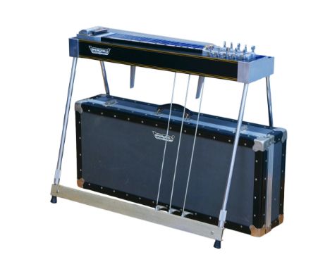 A ten-string Springfield pedal steel guitar on stand, with fitted hard case. One broken string