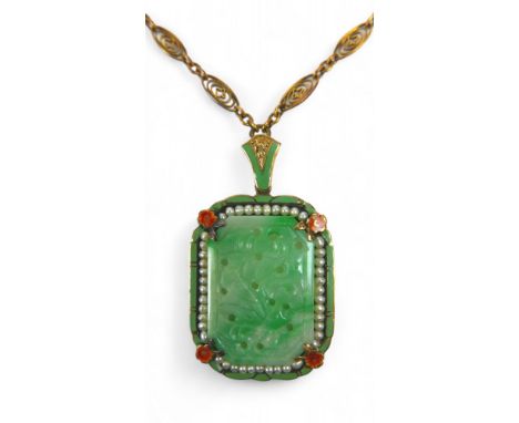 A 14ct yellow gold mounted carved jade pendant with seed pearl and enamel border on a 14ct fancy link chain, pendant 25.7 by3