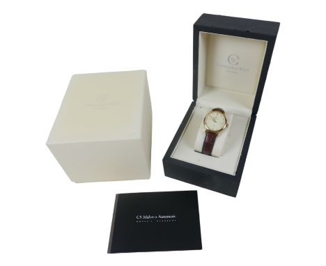 A Christopher Ward gents wrist watch, C5 Malvern Automatic, with gilt case, brown leather strap, date aperture, with box and 