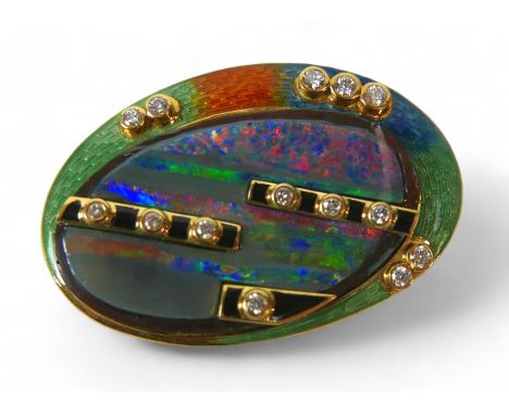 An 18ct gold, guilloche enamel, opal and diamond brooch, designed by Ivor Gordon, of oval form set with 14 small brilliant cu
