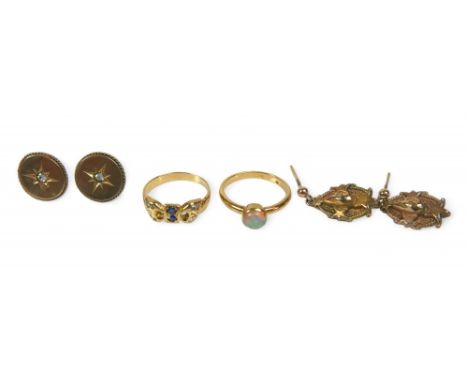 A group of 18ct and yellow metal jewellery, comprising an 18ct gold opal solitaire ring, the round cut opal approximately 5mm