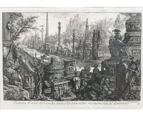 After Giovani Battista Piranesi (1720-1778) etching, entitled "Veduta d'uno dedichi antichi con altri monumenti al dintorno" 