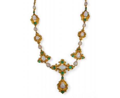 A gilt metal opal and emerald drop pendant necklace, set with sixteen emeralds and sixteen opals, surface tests to above 18ct