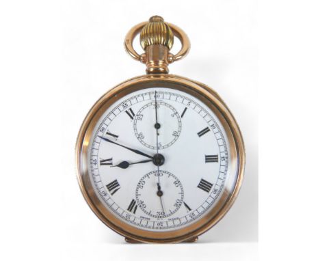 A gold plated chronometer open face pocket watch, top wind with stop watch function, two enamel subsiduary dials, 50mm Dennis