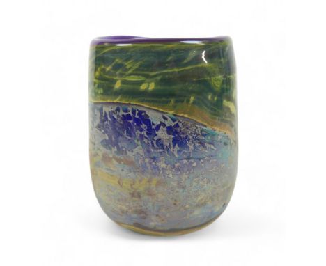 A short studio art vase by Sam Herman (1936-2020), in purple, greens and iridescent blues, etched signature to base and 1971 