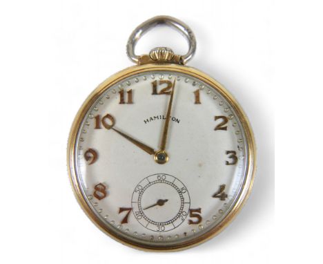 A Hamilton 14k gold filled open face pocket watch, 17 jewel top wind movement, secondary dial, 45mm case. Running. 