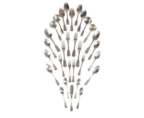 A COMPOSITE CANTEEN OF GEORGE III AND LATER SILVER FIDDLE AND THREAD PATTERN FLATWAREcomprising: 4 dessert spoons, 7 dessert 