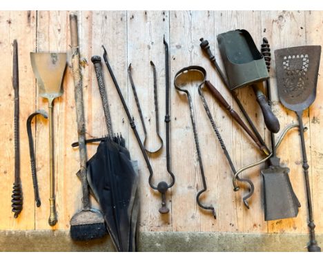 A COLLECTION OF FIRE TOOLS&nbsp;including a hearth brush, a wrought iron and mesh fire screen, a tapestry frame, a parasol wi