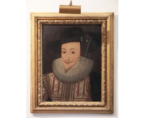 ENGLISH SCHOOL, circa 1620 A portrait of a gentlemantraditionally identified as James I, or Sir Walter Raleigh, wearing an em