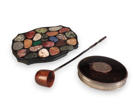 A QUEEN ANNE TORTOISESHELL AND SILVER-MOUNTED TOBACCO BOXof oval form, the lid inset with an oval silver panel engraved with 