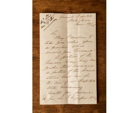 A LETTER FROM FLORENCE NIGHTINGALE headed "General Hospital Balaclava, June 21st 1856" acknowledging the supply of provisions