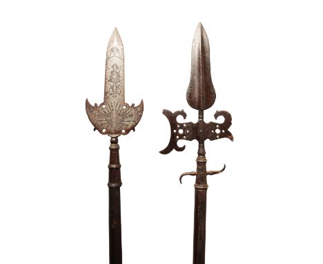 A HALBERD, A PARTIZAN AND A SPONTOON 18th century, the first with tapering double-edged blade with circular piercing on both 