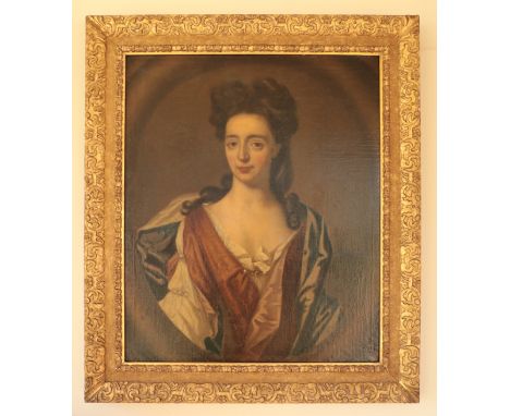 CIRCLE OF WILLIAM WISSING A portrait of a lady believed to be Mrs Ann Medlycott wearing a brown dress and a blue shawl, half-