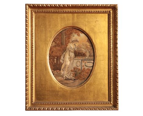 A GEORGE III SILKWORK PICTUREof a classical maiden beside an altar in a garden landscape, oval, 20cm x 15.5cm; a miniature po