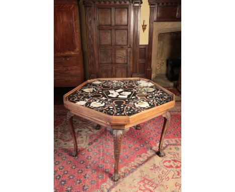 AN IMPORTANT GEORGE II WALNUT AND SCAGLIOLA GAMING TABLE with a pentagonal scagliola top inlaid with trailing flowers, scallo