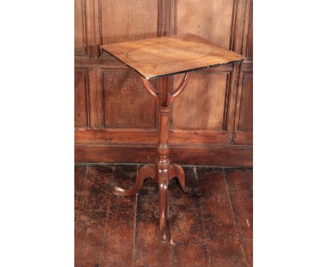 A GEORGE III MAHOGANY TRIPOD TABLEpossibly converted from a basin stand, the associated satinwood top with an inlaid oval, on