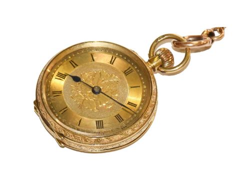 A lady's 18 carat gold fob watch, with attached two colour watch chain with t-bar stamped 18ct and a 9 carat gold cheroot pie