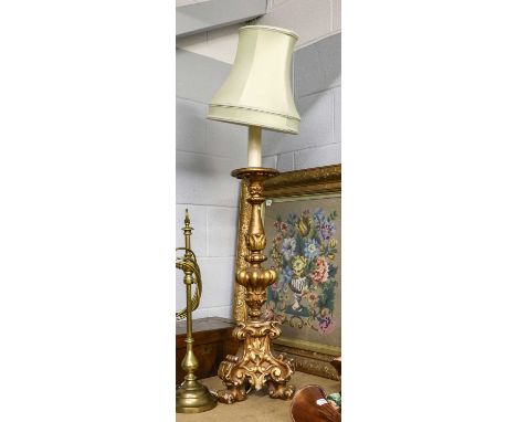 A Victorian brass rise and fall lamp, together with another lamp (2)