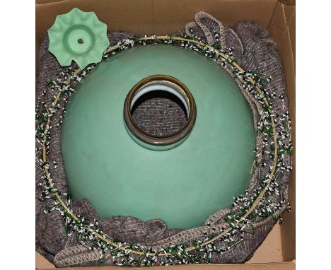 A Victorian brass rise and fall lamp with opaque turquoise glass shade