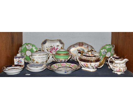 A quantity of mainly 19th century English porcelain including Derby and Spode, including a lozenge shaped dessert dish painte